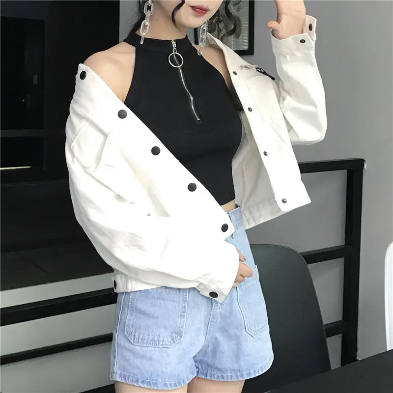Women's Black Zipper Turtleneck Vest Top with High Waist Jeans — feature 4