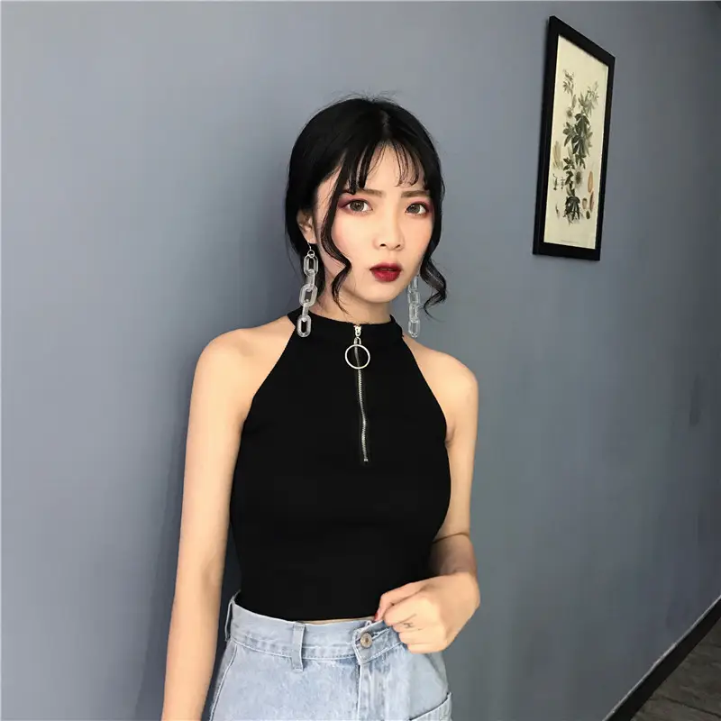 Women's Black Zipper Turtleneck Vest Top with High Waist Jeans — feature 5