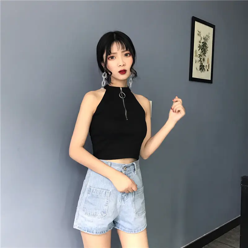 Women's Black Zipper Turtleneck Vest Top with High Waist Jeans — feature 6