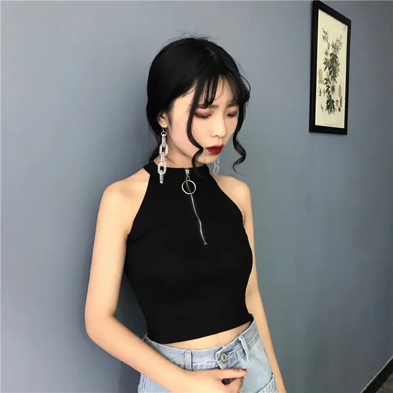 Women's Black Zipper Turtleneck Vest Top with High Waist Jeans — feature 7