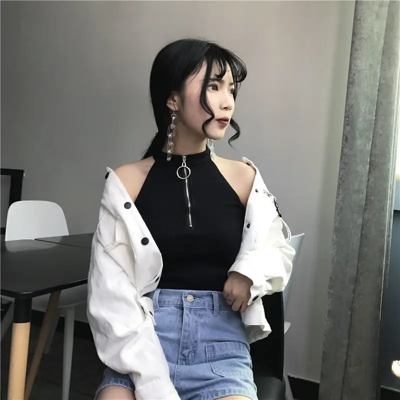 Women's Black Zipper Turtleneck Vest Top with High Waist Jeans — feature 8
