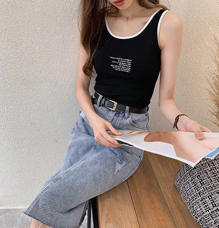 Women's Black Sleeveless Camisole with White Trim — feature 12