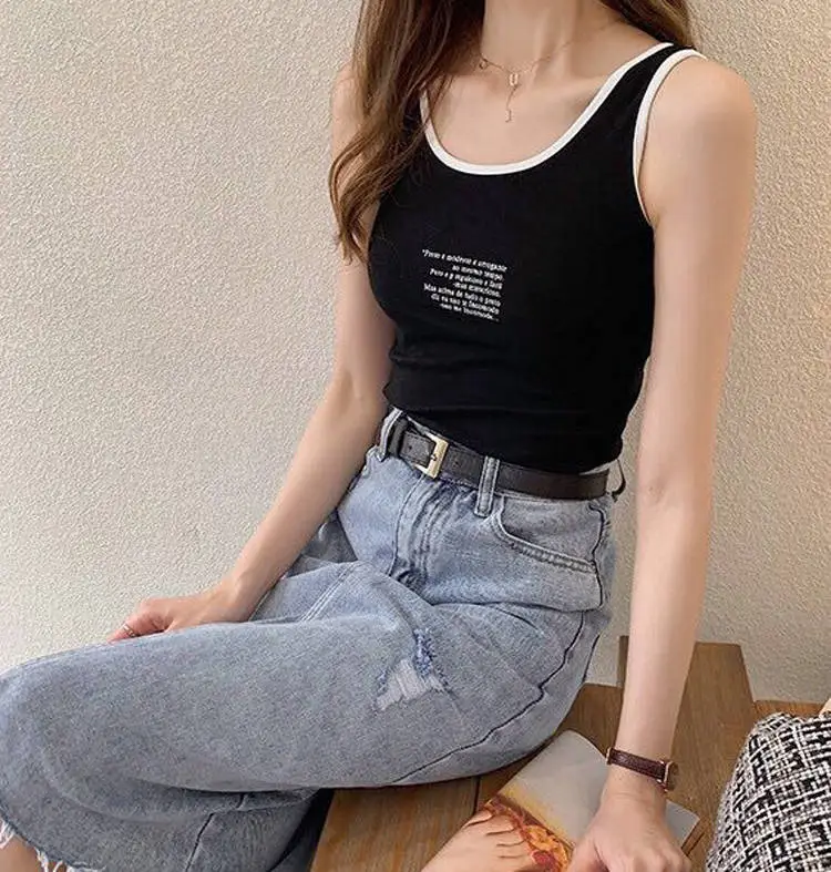 Women's Black Sleeveless Camisole with White Trim — feature 9