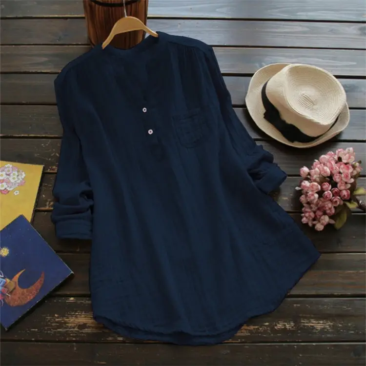 Women Cotton Linen Long Sleeve Shirt Navy Blue Large - Image 7