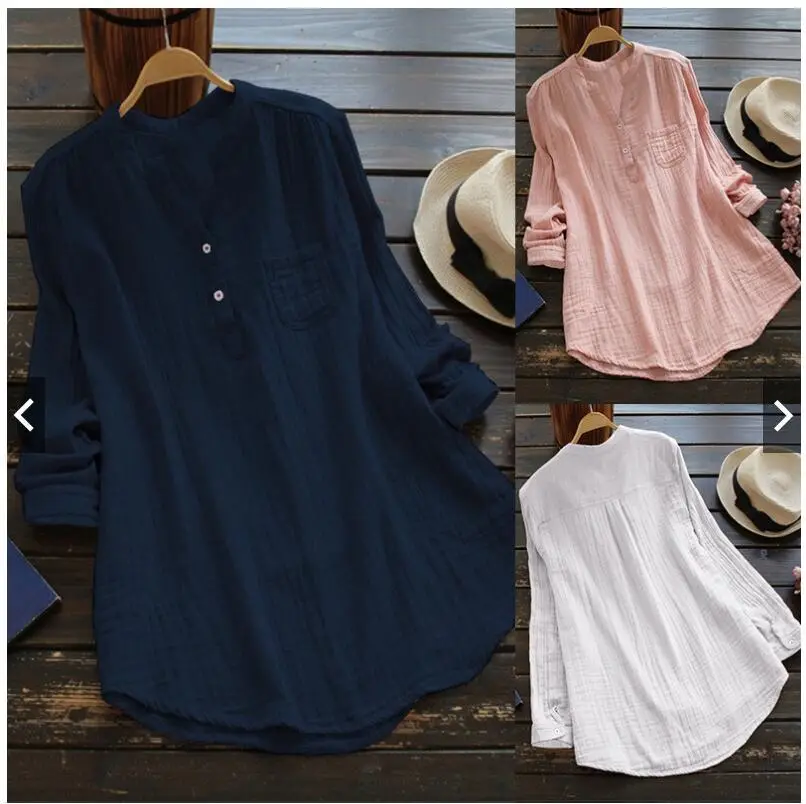 Women Cotton Linen Long Sleeve Shirt Navy Blue Large - Image 8