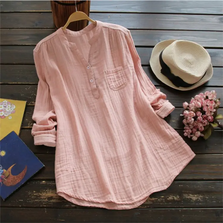 Women Cotton Linen Long Sleeve Shirt Navy Blue Large - Image 2
