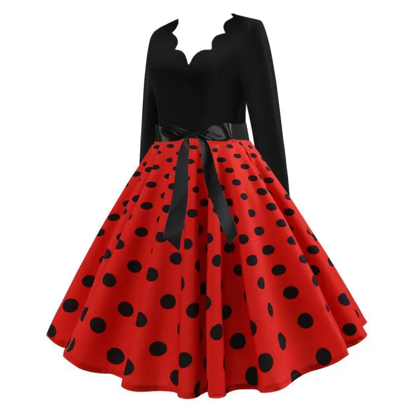 Red Polka Dot V-Neck Long Sleeve Dress - Image 2