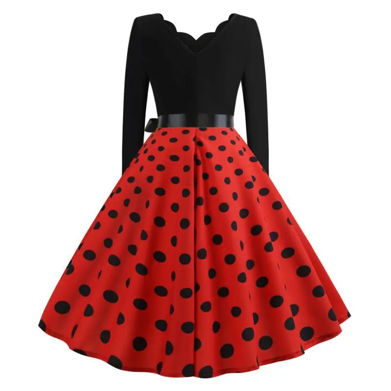 Red Polka Dot V-Neck Long Sleeve Dress - Image 3