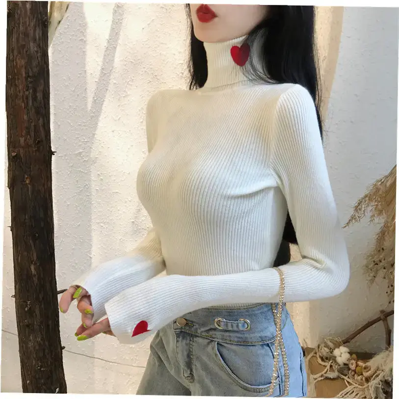 Women's Love Embroidered Turtleneck Sweater 2021 Winter - Image 8