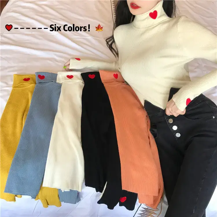 Women's Love Embroidered Turtleneck Sweater 2021 Winter — feature 1