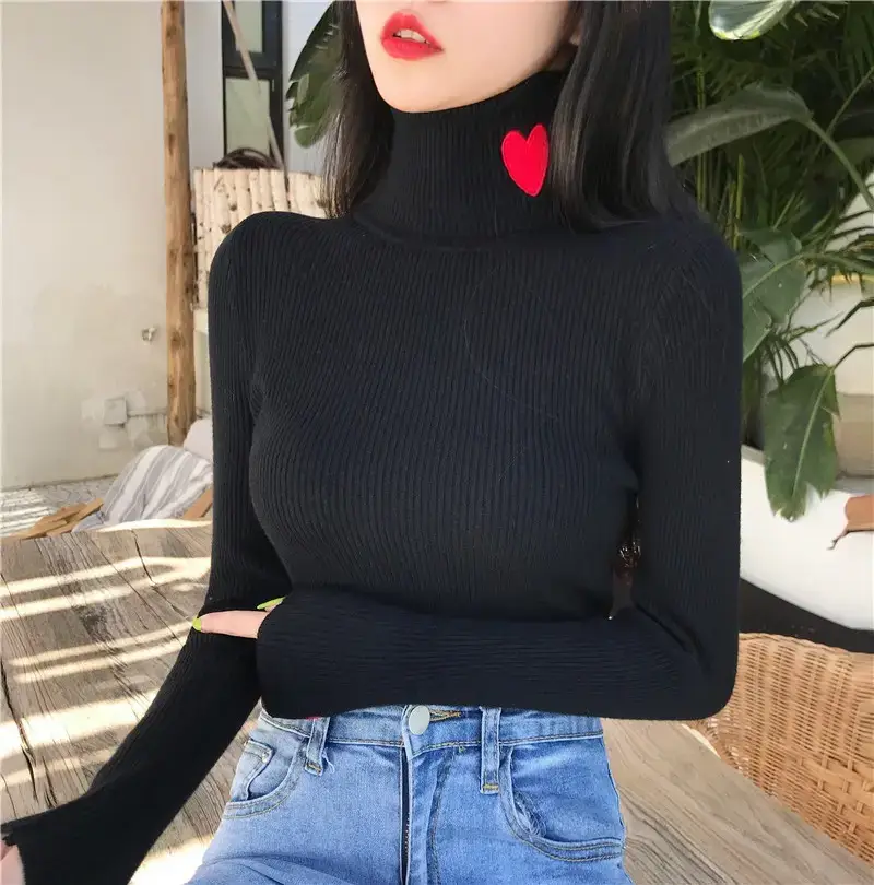 Women's Love Embroidered Turtleneck Sweater 2021 Winter — feature 4