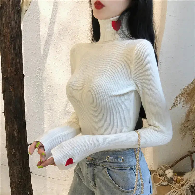 Women's Love Embroidered Turtleneck Sweater 2021 Winter — feature 7