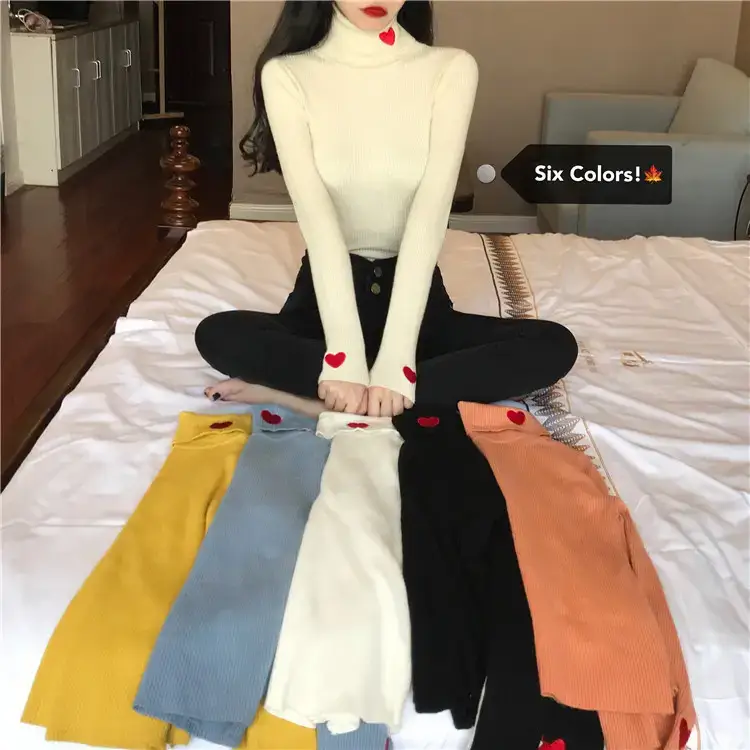 Women's Love Embroidered Turtleneck Sweater 2021 Winter — feature 8