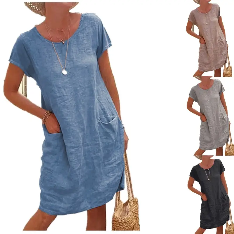 Women Cotton Linen Dress Blue Loose Pocket Short Sleeve Round Neck - Image 5