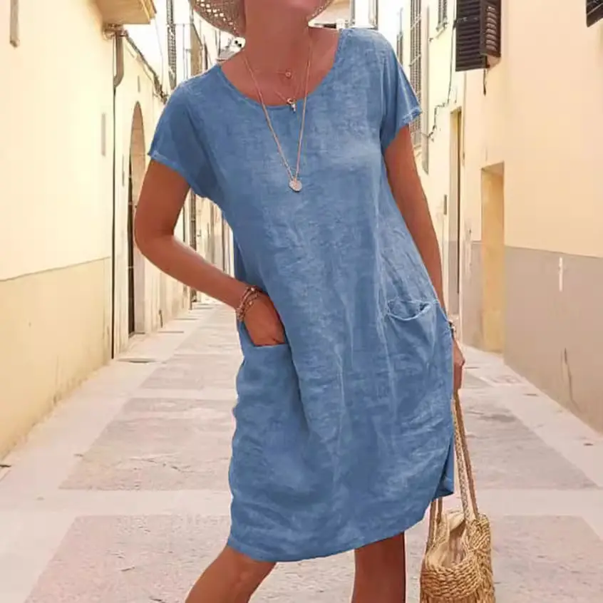 Women Cotton Linen Dress Blue Loose Pocket Short Sleeve Round Neck - Image 6