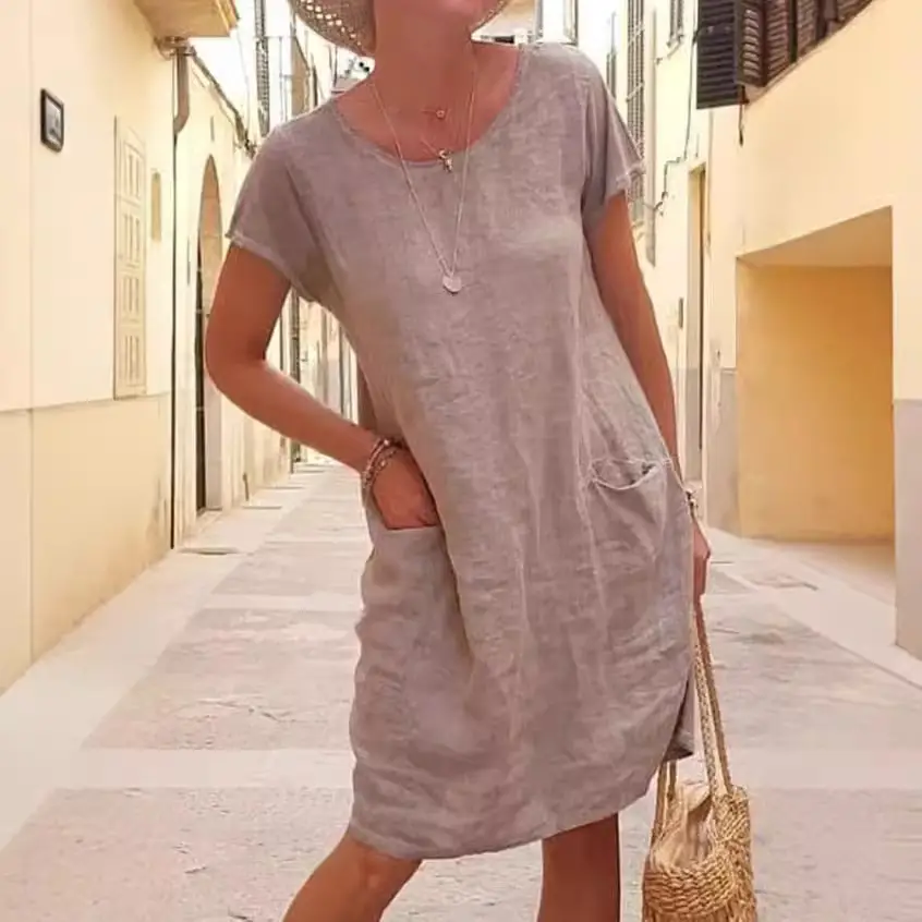 Women Cotton Linen Dress Blue Loose Pocket Short Sleeve Round Neck - Image 7