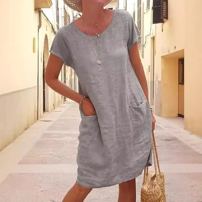 Women Cotton Linen Dress Blue Loose Pocket Short Sleeve Round Neck - Image 8
