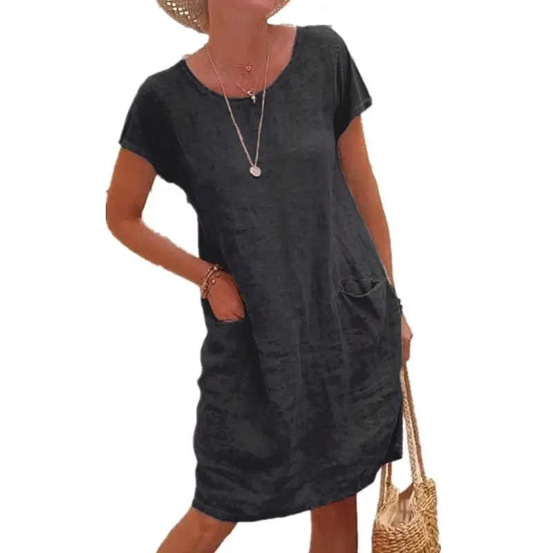 Women Cotton Linen Dress Blue Loose Pocket Short Sleeve Round Neck - Image 9