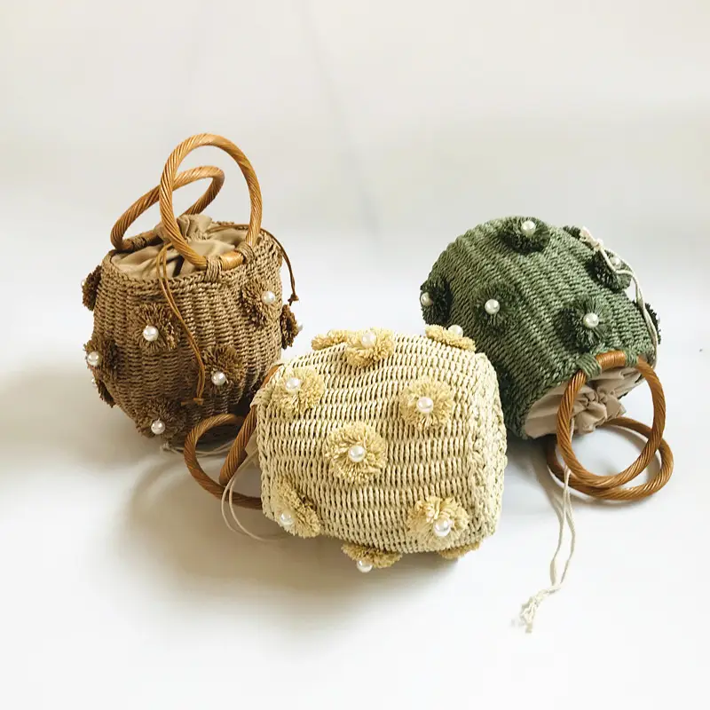 Z New Women's Bag A Flower Artificial Pearl Decoration R Portable Basket Bag Woven Bag Straw Woven Bag