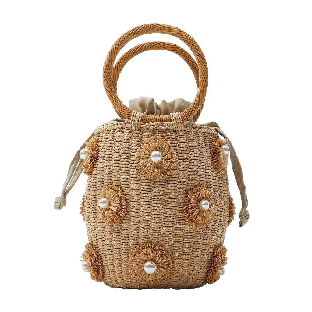 Z New Women's Bag A Flower Artificial Pearl Decoration R Portable Basket Bag Woven Bag Straw Woven Bag