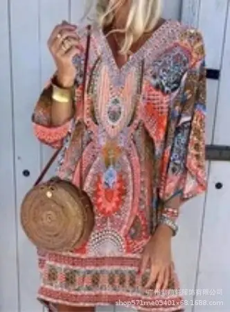 2022 Bohemian Printed V-Neck Long Sleeve Dress - Image 2