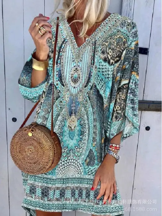 2022 Bohemian Printed V-Neck Long Sleeve Dress - Image 3