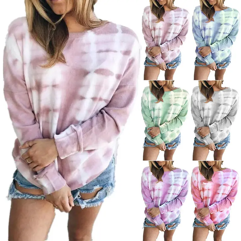 Women Tie-Dye Long Sleeve T-Shirt Blue Green