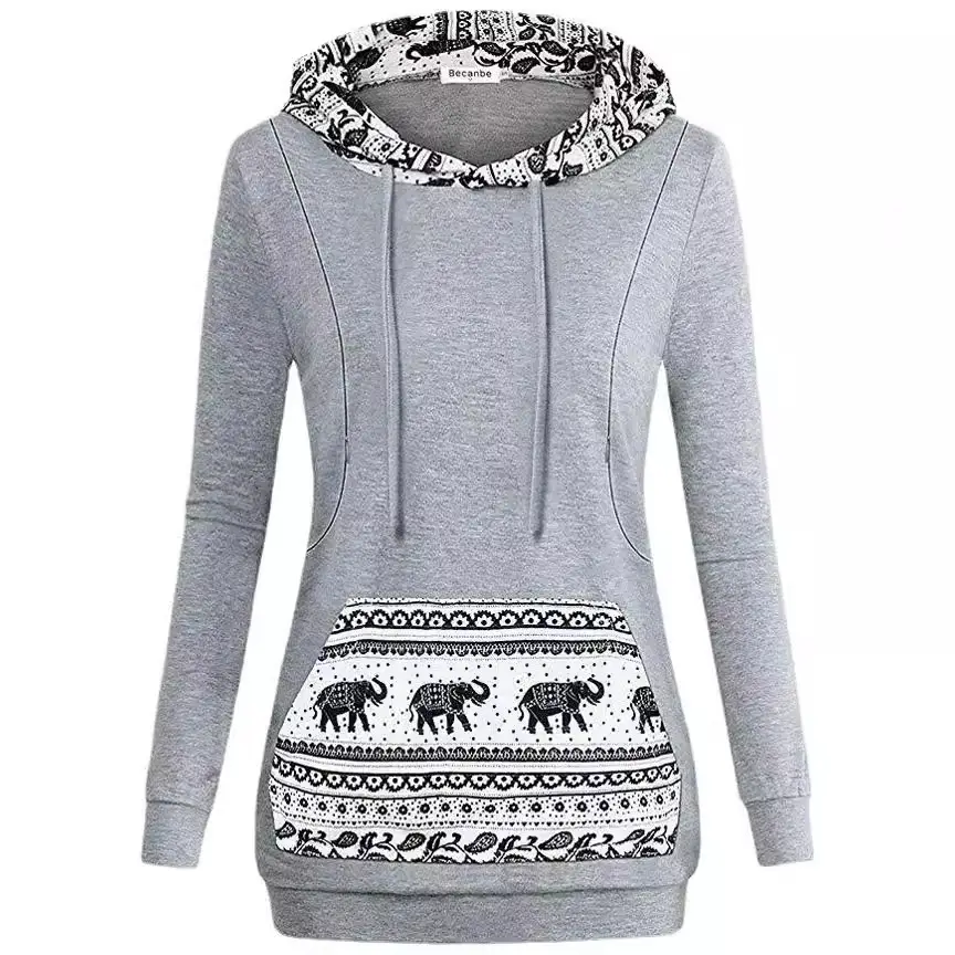 Women's Grey Hooded Sweatshirt with Elephant Print - Image 6