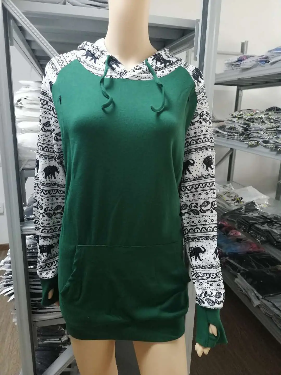 Women's Grey Hooded Sweatshirt with Elephant Print — feature 10
