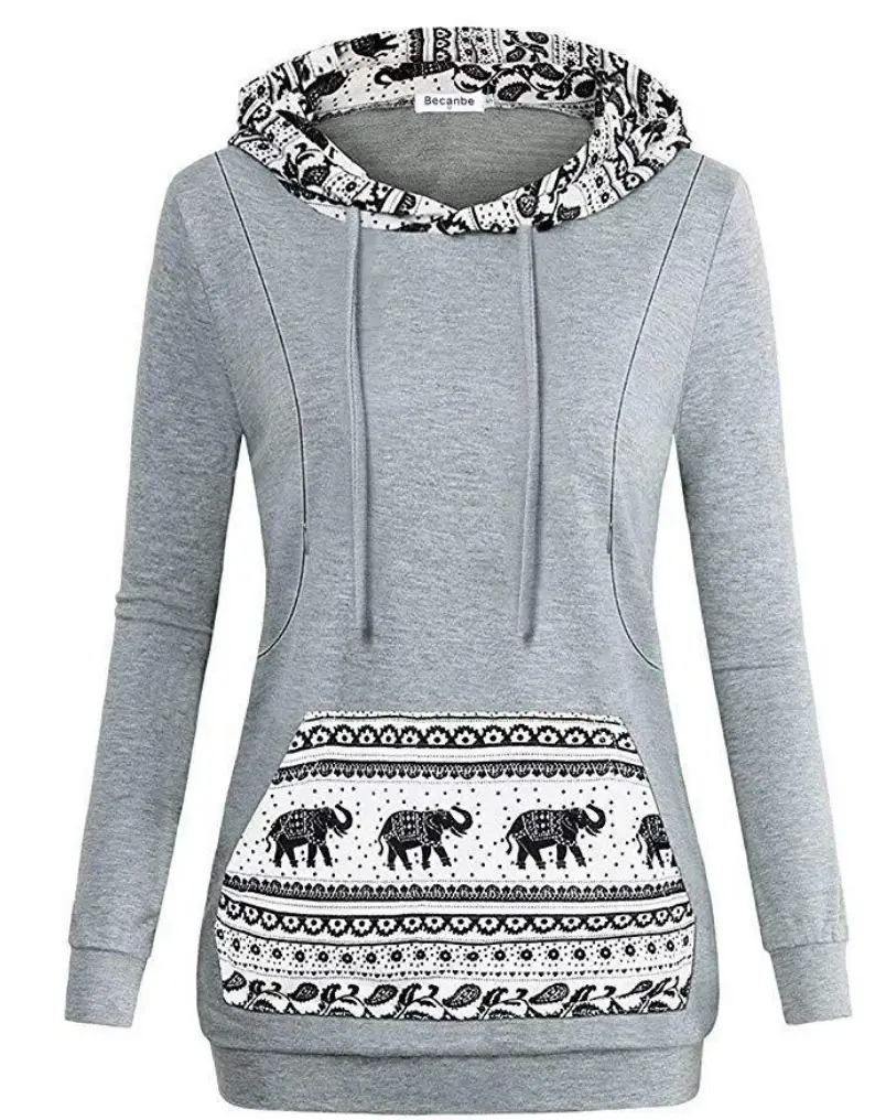 Women's Grey Hooded Sweatshirt with Elephant Print — feature 13