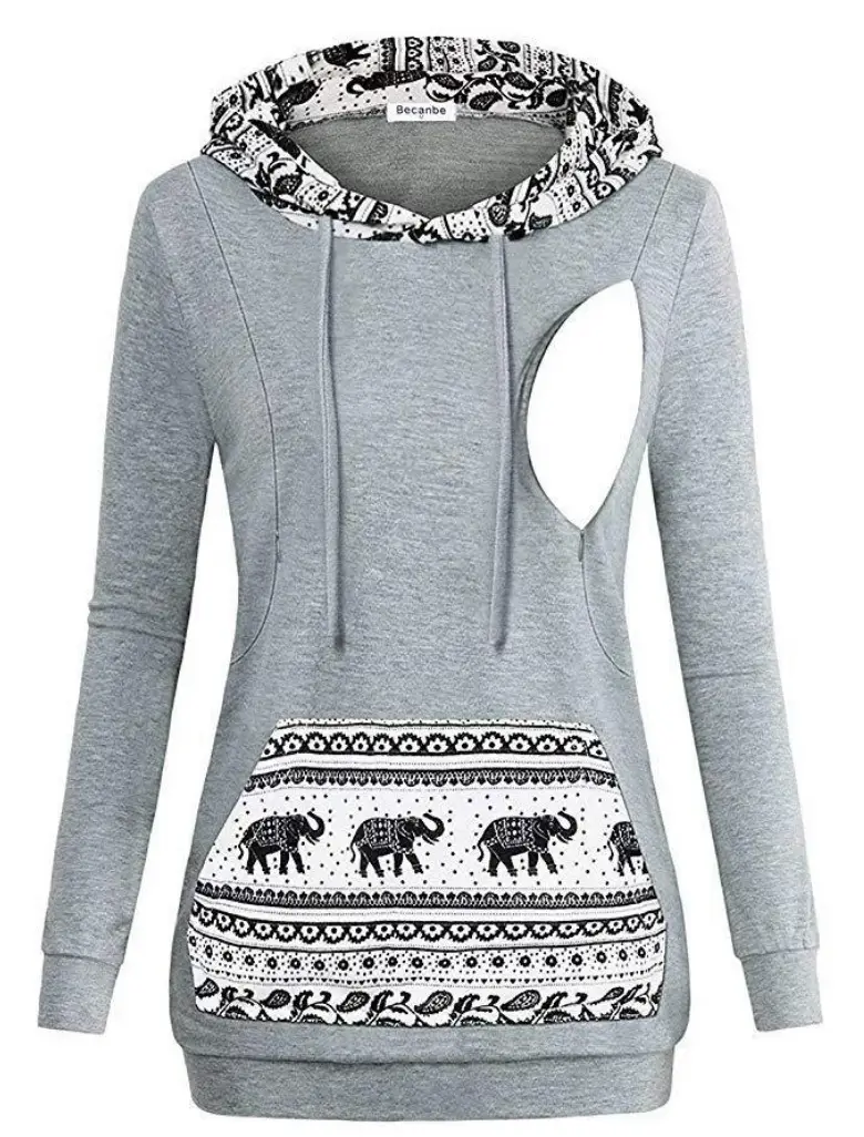 Women's Grey Hooded Sweatshirt with Elephant Print — feature 14