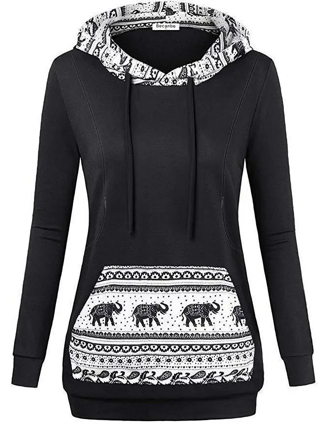 Women's Grey Hooded Sweatshirt with Elephant Print — feature 16