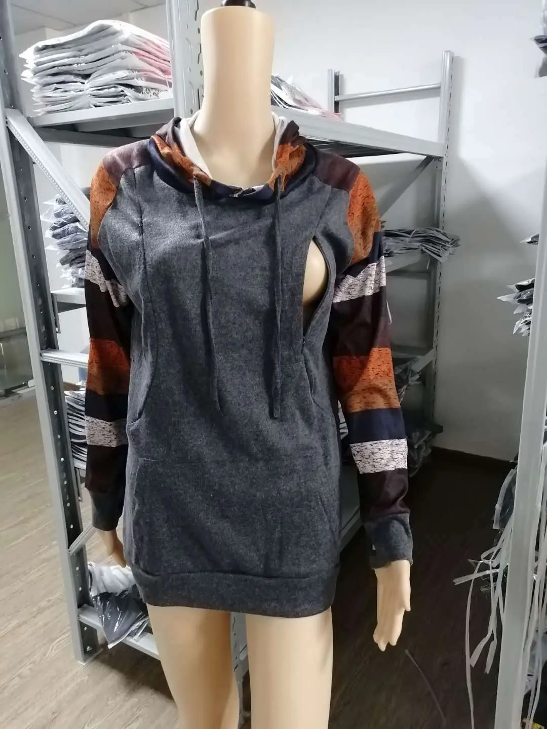 Women's Grey Hooded Sweatshirt with Elephant Print — feature 6