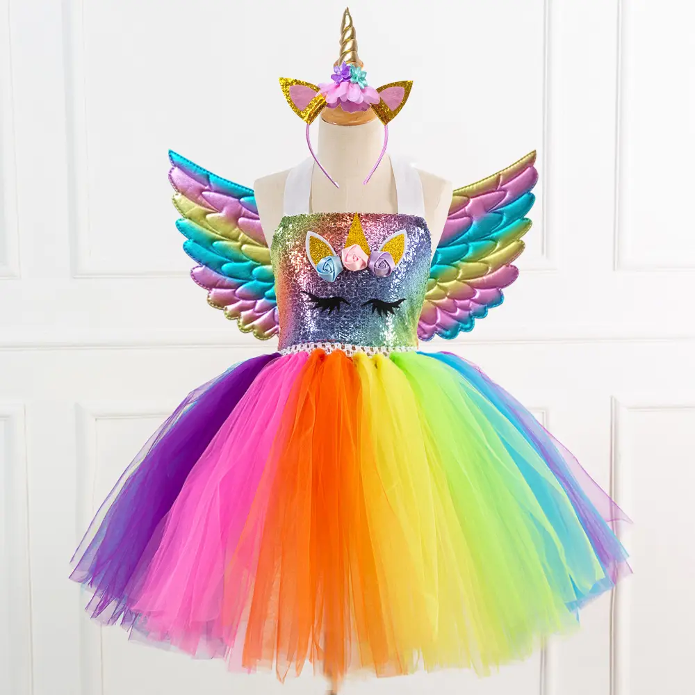 2025 Rainbow Sequins Princess Dress for Girls with Wings - Image 3