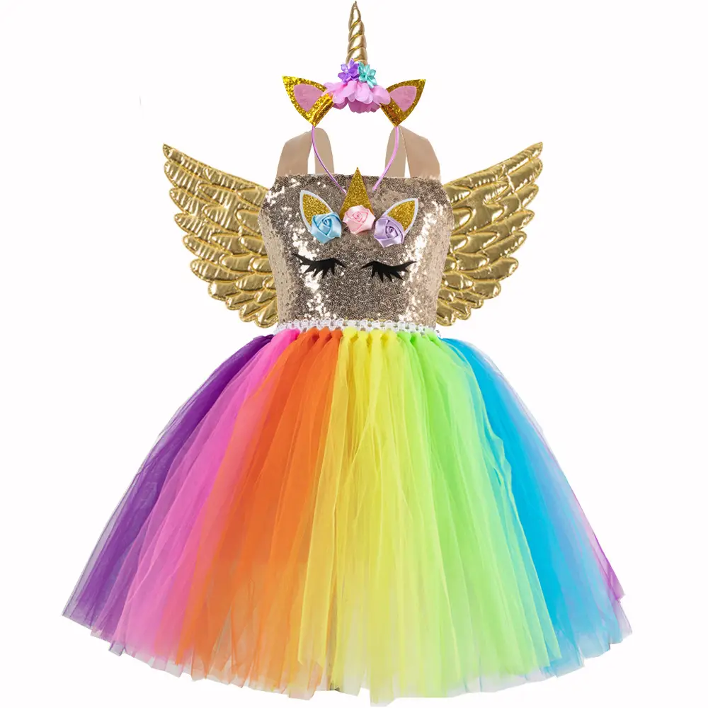 2025 Rainbow Sequins Princess Dress for Girls with Wings - Image 4