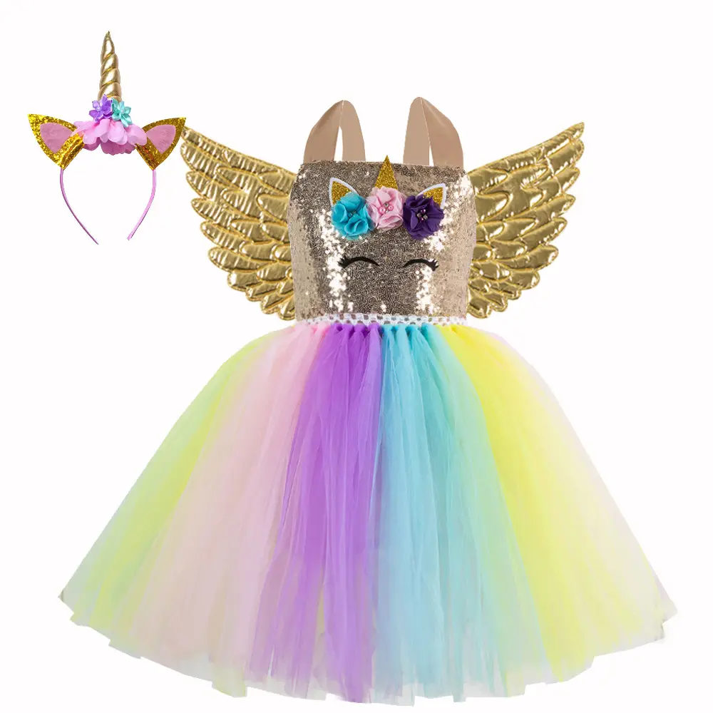 2025 Rainbow Sequins Princess Dress for Girls with Wings - Image 10