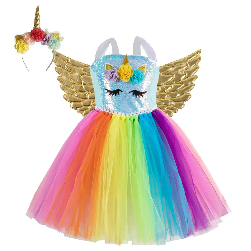 2025 Rainbow Sequins Princess Dress for Girls with Wings - Image 11