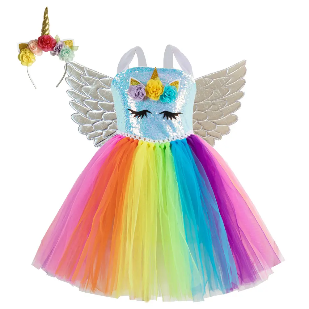 2025 Rainbow Sequins Princess Dress for Girls with Wings - Image 12