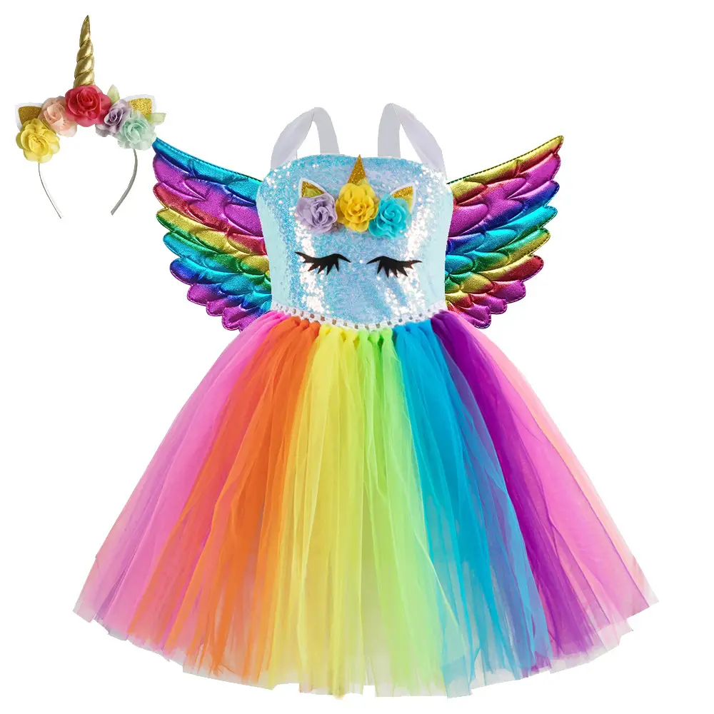2025 Rainbow Sequins Princess Dress for Girls with Wings - Image 13