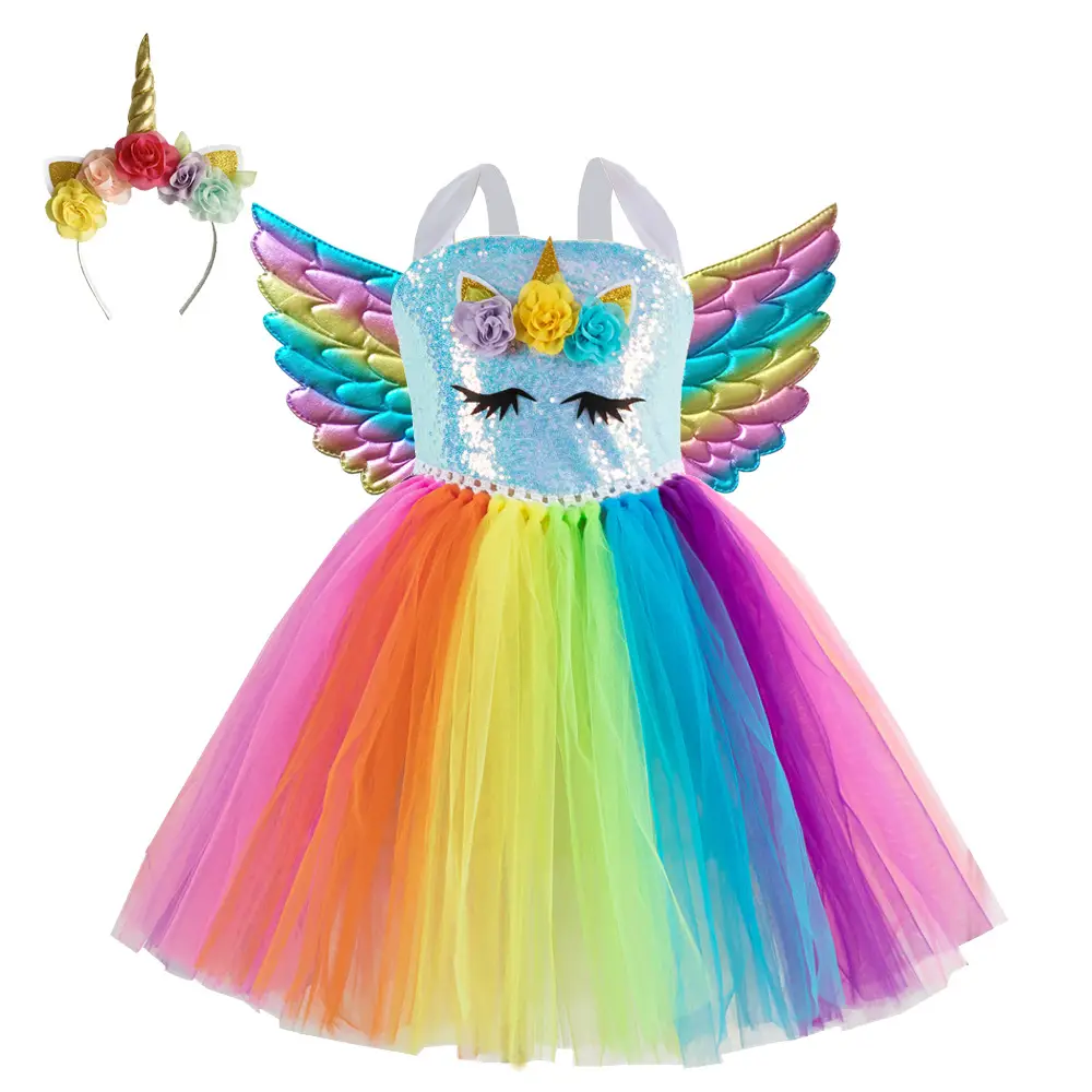2025 Rainbow Sequins Princess Dress for Girls with Wings - Image 14