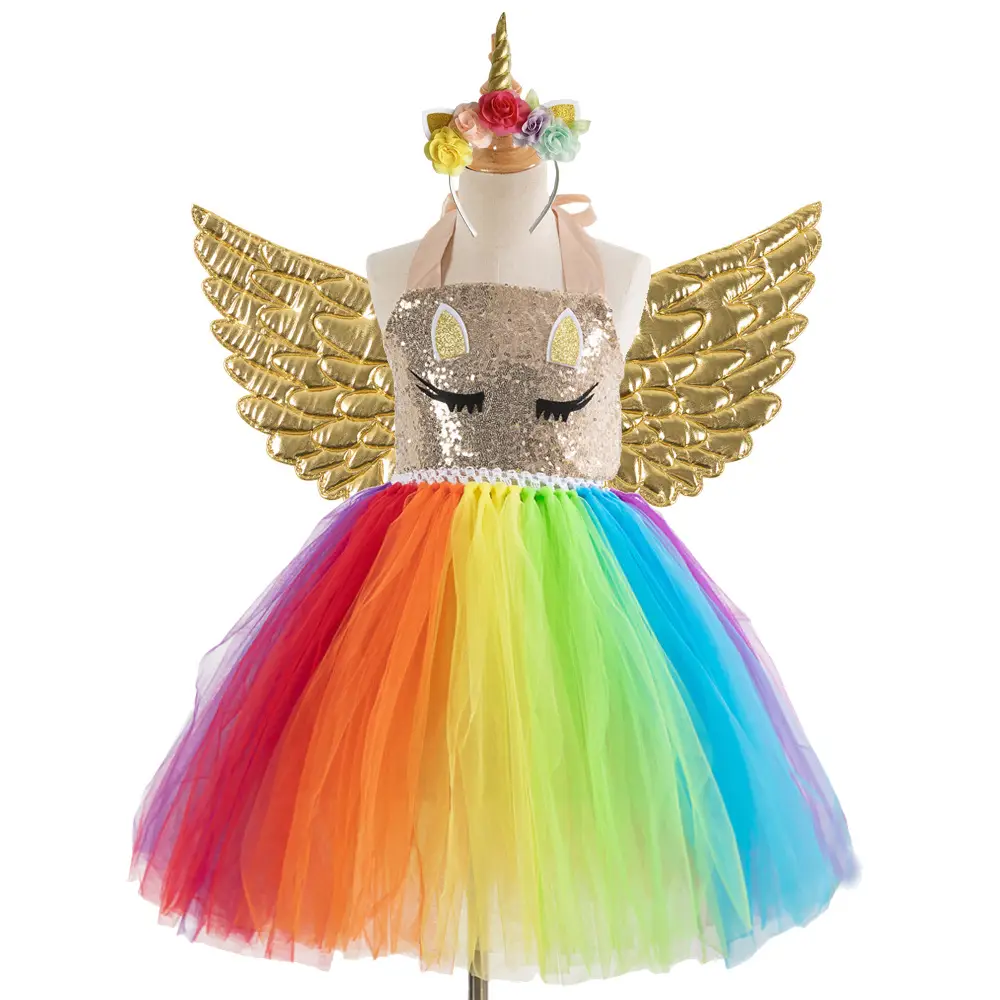 2025 Rainbow Sequins Princess Dress for Girls with Wings - Image 15