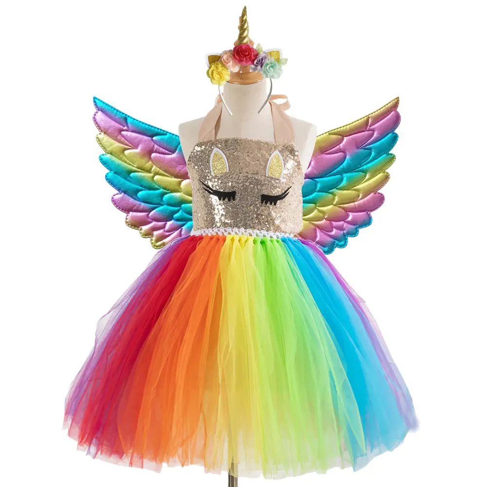 2025 Rainbow Sequins Princess Dress for Girls with Wings - Image 16