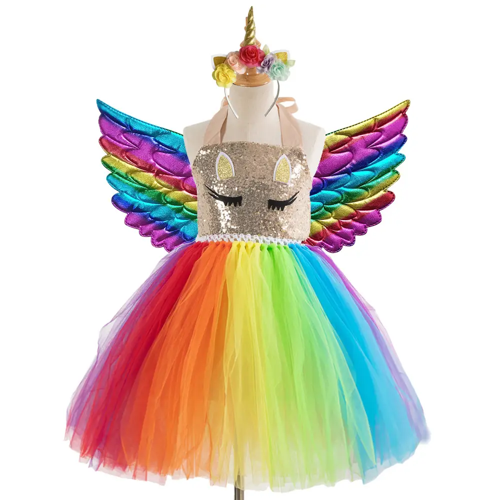 2025 Rainbow Sequins Princess Dress for Girls with Wings - Image 17