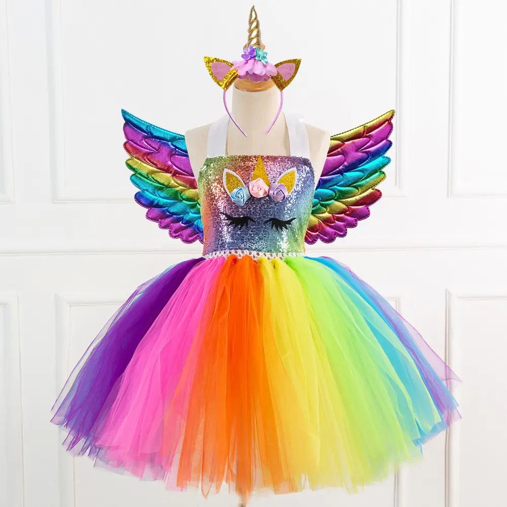 2025 Rainbow Sequins Princess Dress for Girls with Wings - Image 2