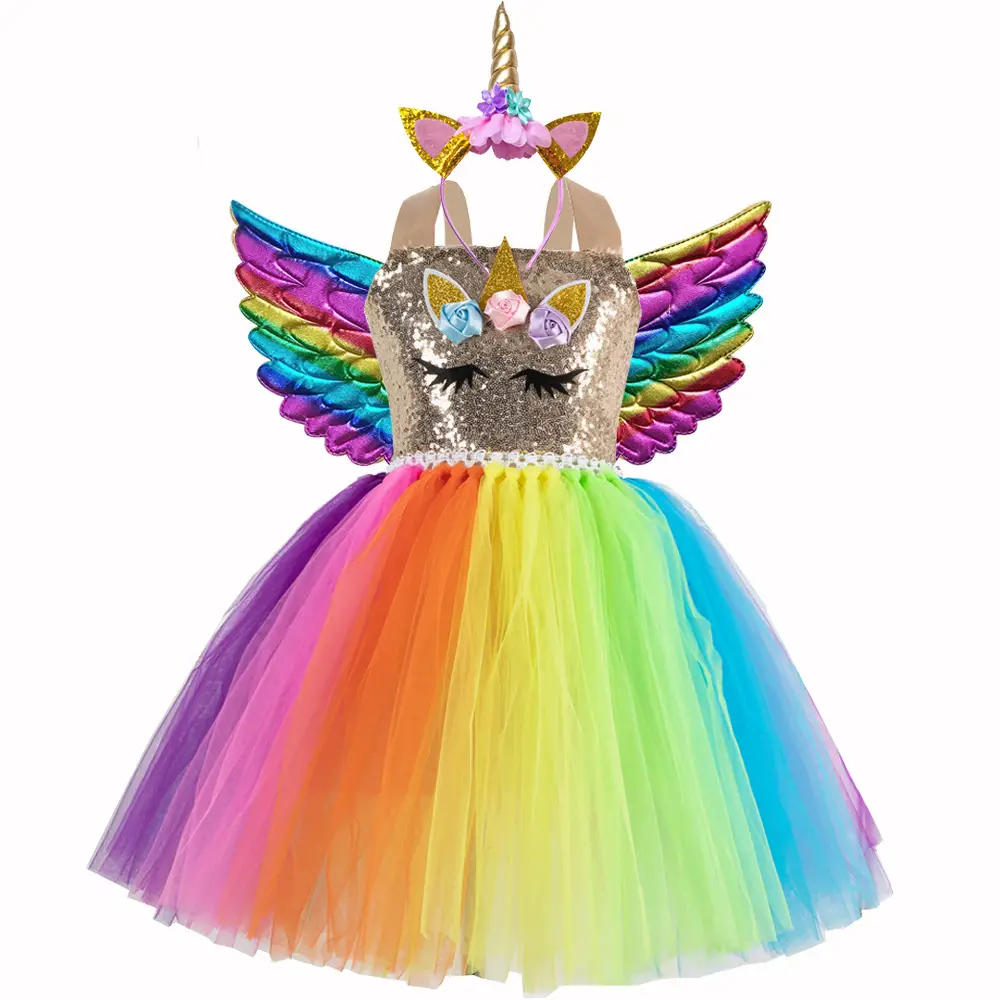 2025 Rainbow Sequins Princess Dress for Girls with Wings - Image 5