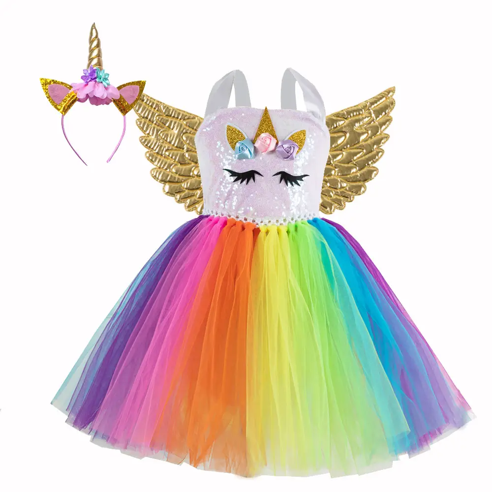 2025 Rainbow Sequins Princess Dress for Girls with Wings - Image 6