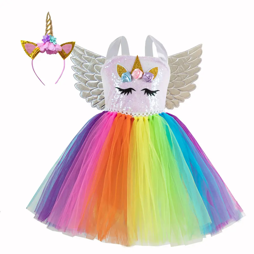 2025 Rainbow Sequins Princess Dress for Girls with Wings - Image 7