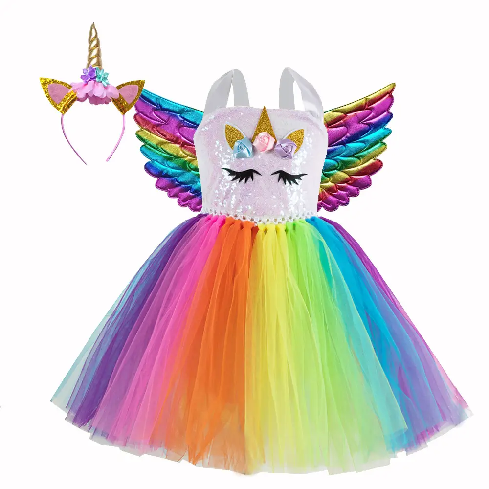 2025 Rainbow Sequins Princess Dress for Girls with Wings - Image 8