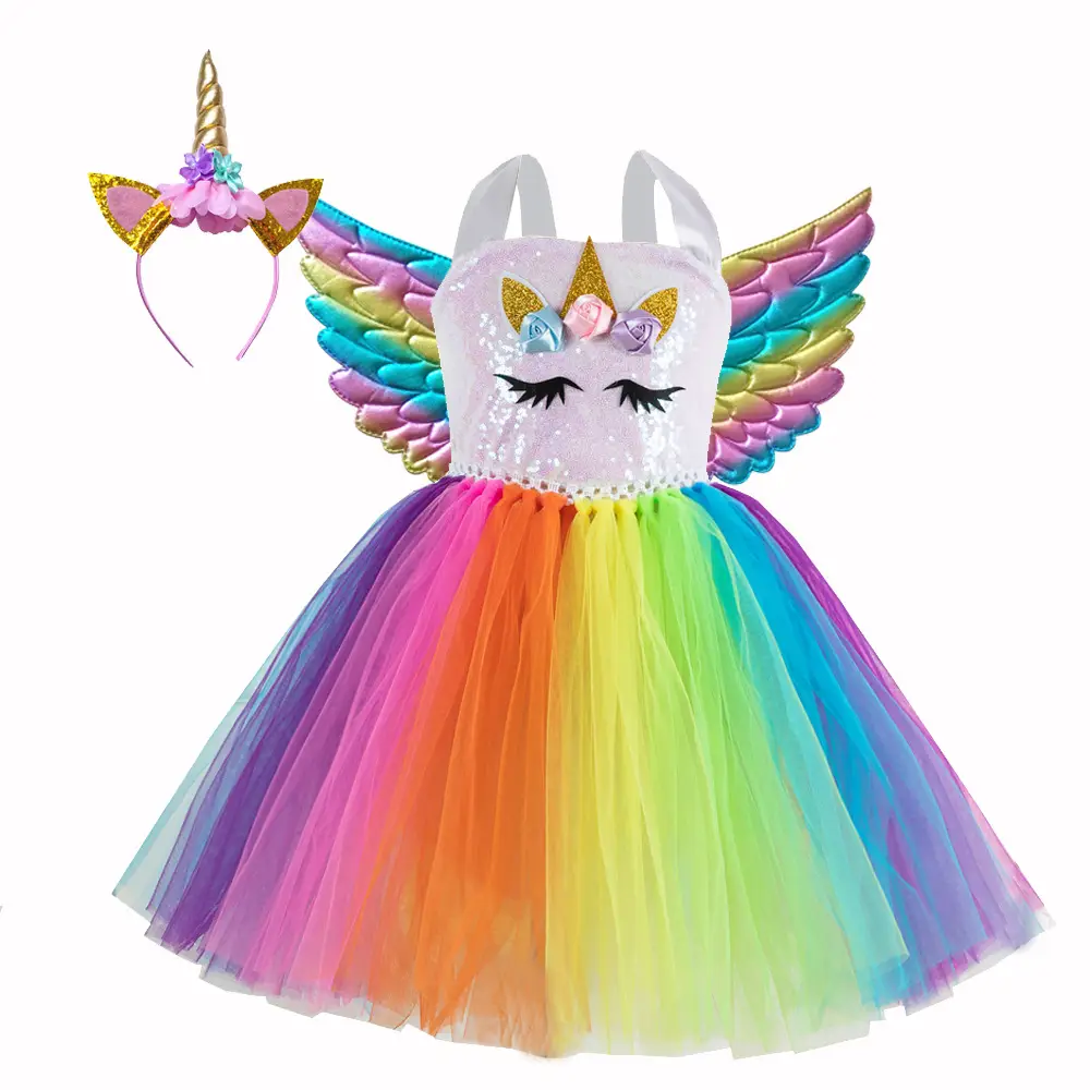 2025 Rainbow Sequins Princess Dress for Girls with Wings - Image 9