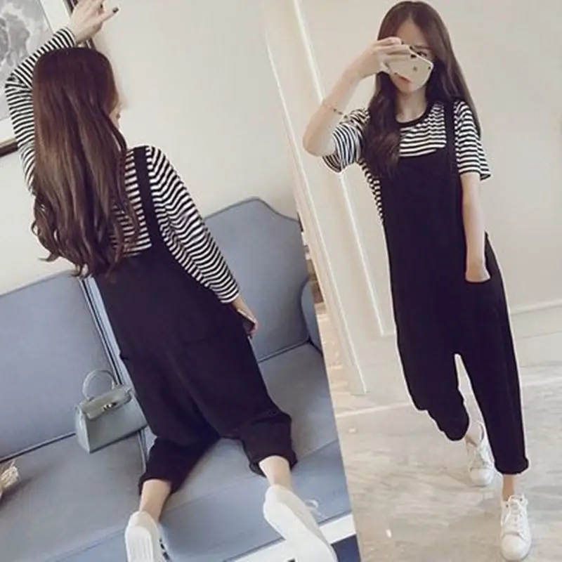2026 Plus Size Women's Black Striped Overalls Set - Image 3